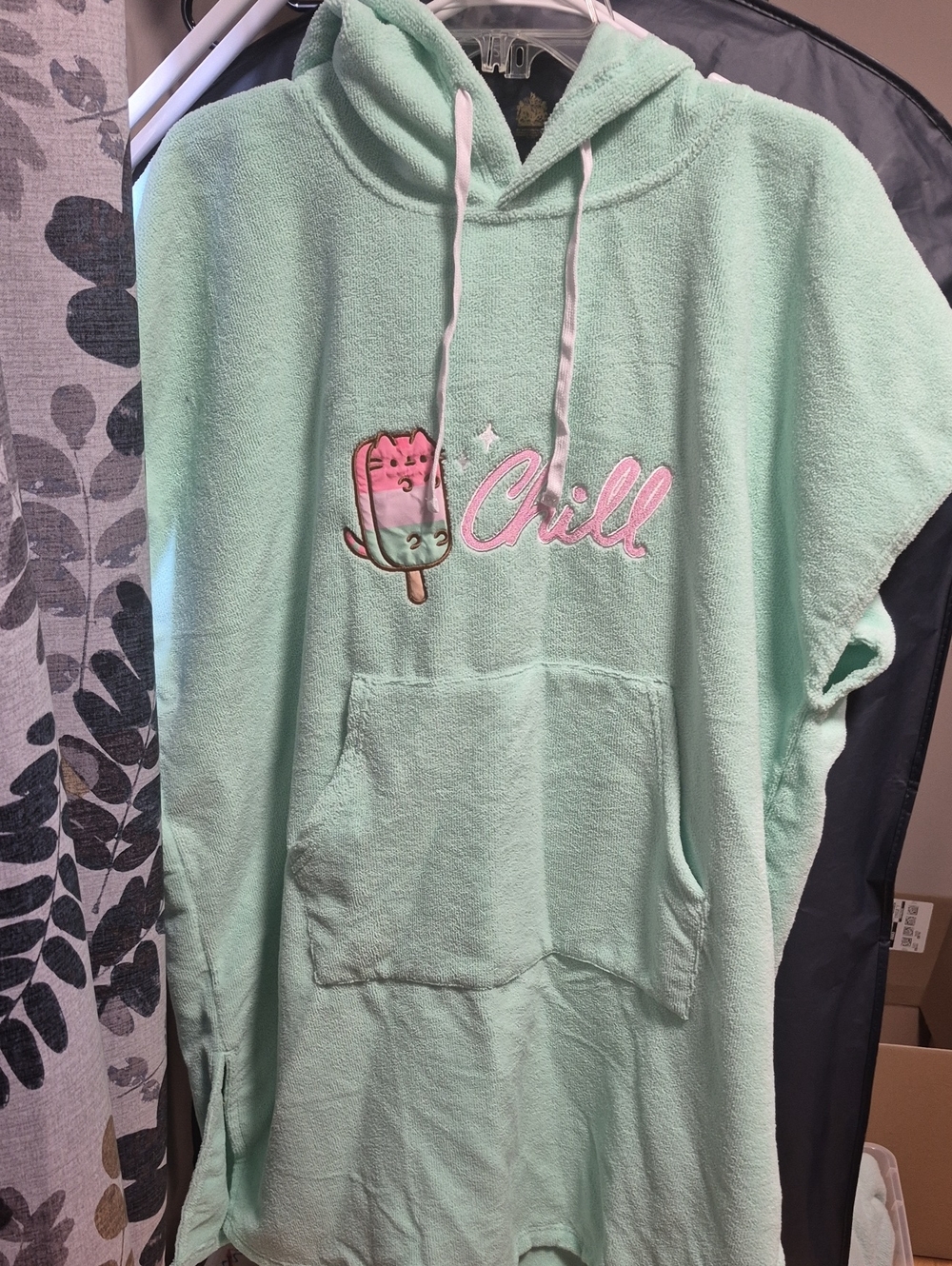 Pusheen Mint Green Hooded Poncho with Pink Popsicle Embroidery